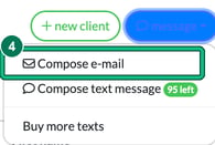 Message menu open with Compose e-mail highlighted as step 4, above Compose text message and Buy more texts