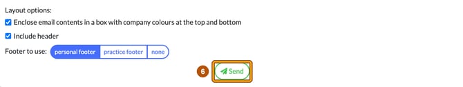 Layout options and the Footer to use choice at the foot of Compose e-mail, with the Send button highlighted as step 6