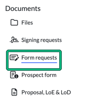 Client record left menu with Form requests highlighted under Documents