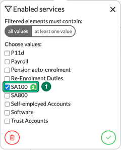 Enabled services filter with SA100 ticked and highlighted as step 1