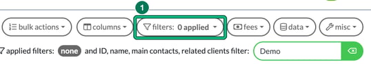 Client list toolbar with the filters: 0 applied button highlighted as step 1