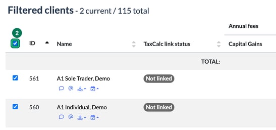 Filtered clients list of 2 clients with the select-all checkbox ticked and highlighted as step 2