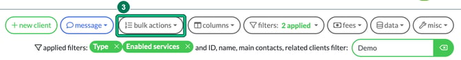 Client list toolbar with the Type and Enabled services filters applied and the bulk actions button highlighted as step 3