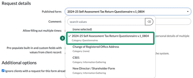 Published form dropdown with the 2024-25 Self Assessment Tax Return Questionnaire selected and highlighted as step 3