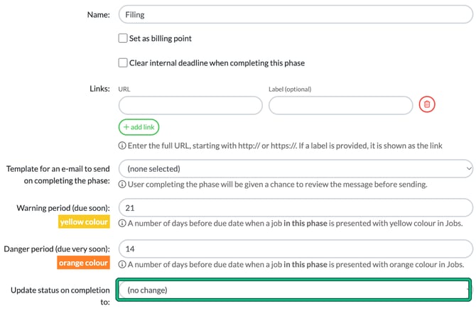Phase settings in Edit service, with the Update status on completion to setting highlighted