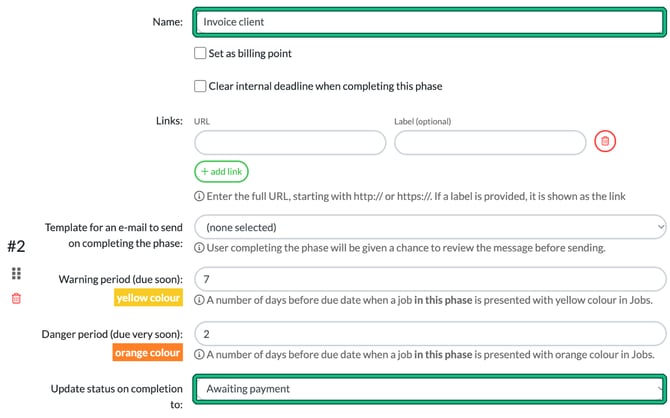 Phase 2 of a service, named Invoice client, with Update status on completion to set to Awaiting payment, both highlighted