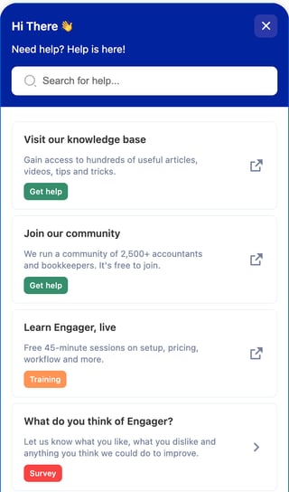 Need help? panel in Engager with a search box and options to visit the knowledge base, join the community, book live training sessions and give feedback