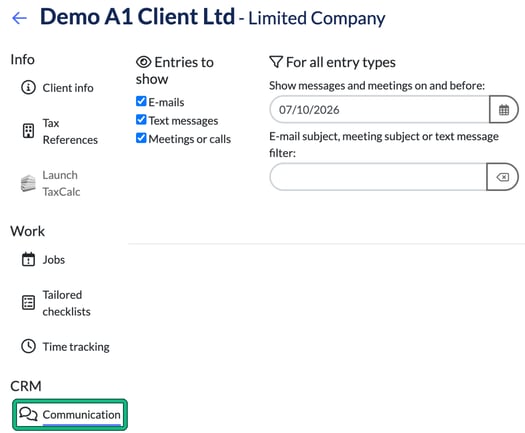 Demo client record with Communication highlighted under CRM in the left-hand menu, and the Entries to show filters for E-mails, Text messages and Meetings or calls