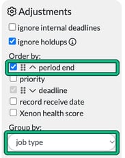 Jobs Adjustments panel with period end ticked and moved to the top of Order by, and Group by set to job type, both highlighted