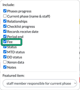 Card layout menu in Jobs listing the card items to include, with Fee highlighted