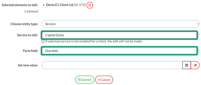 Bulk editing window with entity type Service, Capital Gains as the service to edit and Due date as the form field, both highlighted