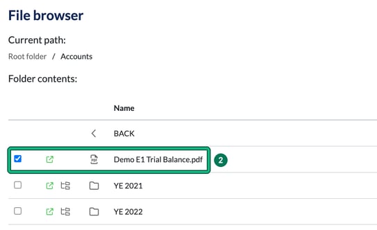 File browser open at Root folder / Accounts with the ticked row for Demo E1 Trial Balance.pdf highlighted as step 2