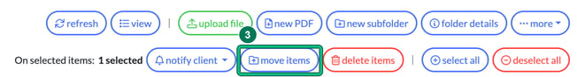 File browser buttons showing On selected items: 1 selected, with move items highlighted as step 3