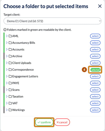 Choose a folder to put selected items window with selected next to Correspondence highlighted as step 4 and the confirm button highlighted