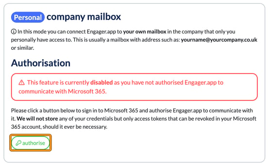 Microsoft 365 integration, Personal company mailbox, showing the notice that the feature is disabled until authorised, with the authorise button highlighted