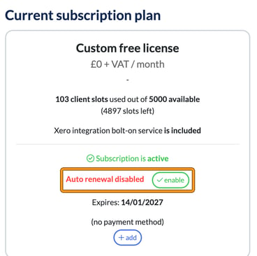 Current subscription plan card showing client slots used, subscription status and expiry date, with the auto renewal setting and its enable button highlighted