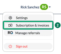 Menu under your name in the top right with Subscription and invoices highlighted as step 2