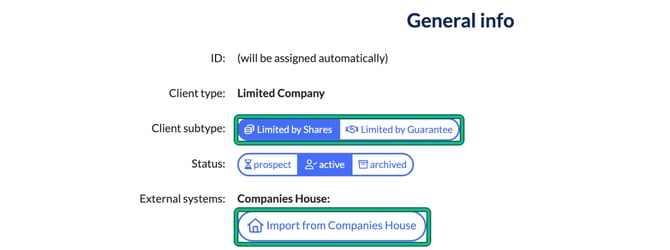 General info for a new Limited Company with the Limited by Shares and Limited by Guarantee subtype options highlighted, and Import from Companies House highlighted