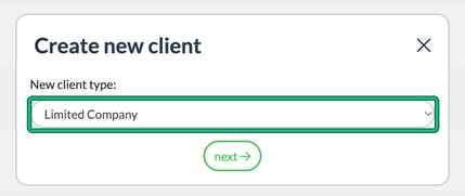 Create new client window with Limited Company selected as the new client type, highlighted