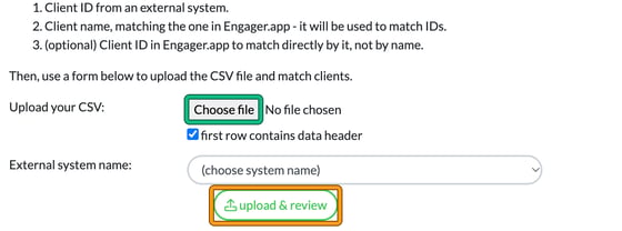 Match external IDs page showing the three CSV columns, the Upload your CSV and External system name fields, with Choose file and upload and review highlighted