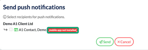 Send push notifications window listing the demo client's contact with an unticked checkbox and the mobile app not installed badge highlighted, above the Send and Cancel buttons