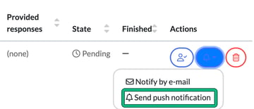 Form request row with the Actions bell menu open, showing Notify by e-mail and Send push notification, with Send push notification highlighted