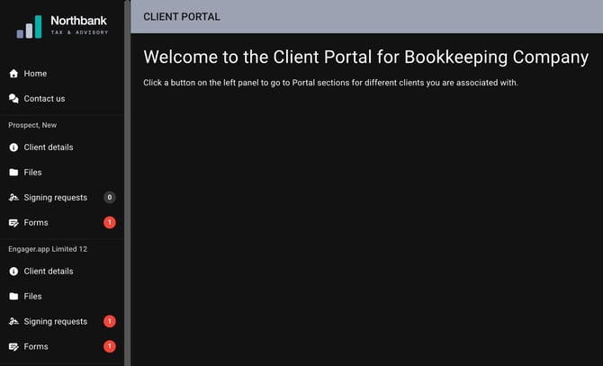The Client Portal home page in dark mode, with a dark background and white text in the side menu and the welcome message for Bookkeeping Company