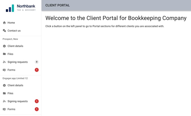 The Client Portal home page in light mode, showing the practice logo and side menu on the left and the welcome message for Bookkeeping Company