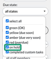 Due state filter list on the Jobs board with green, yellow, amber, red, on hold and completed custom tasks all ticked, with on hold highlighted