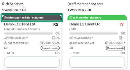 Jobs board card for Demo E1 Client Ltd with a grey on hold header highlighted, next to a card with a green header