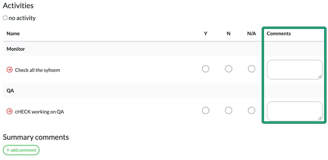 Service checklist showing points with Y, N and N/A options and the Comments column highlighted, with Summary comments and the add comment button below