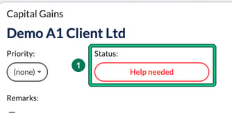 Job window for a Capital Gains job with the Status set to Help needed highlighted as step 1