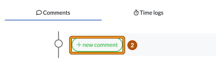 Comments tab at the bottom of the job window with the new comment button highlighted as step 2