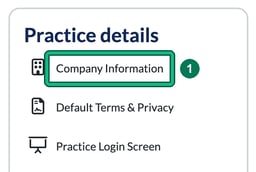 Practice details settings card with Company Information highlighted as step 1