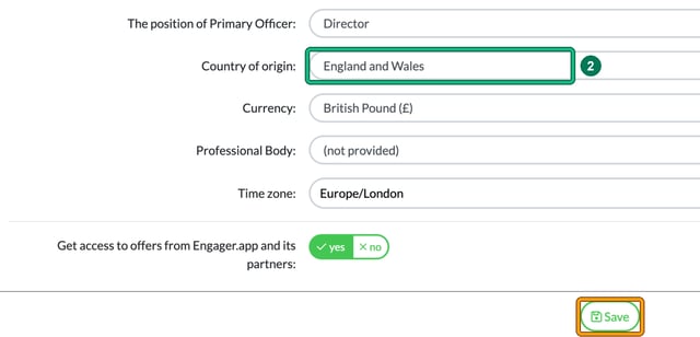 Company Information form with Country of origin set to England and Wales highlighted as step 2, and the Save button highlighted