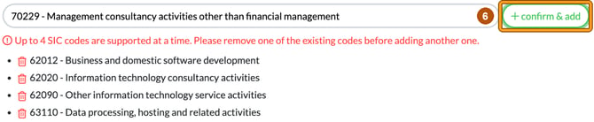 Nature of business field with four SIC codes added and the message that up to 4 SIC codes are supported at a time, with confirm and add highlighted as step 6