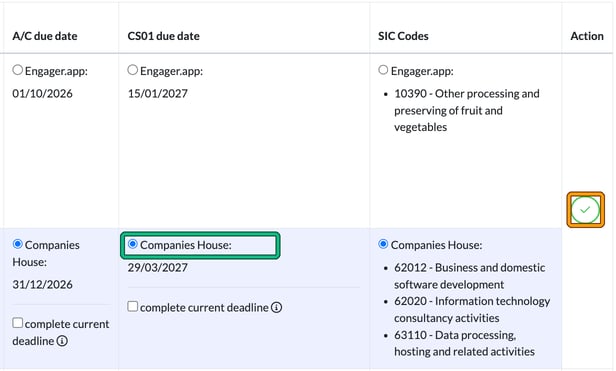 Companies House updates table showing Engager.app and Companies House values for due dates and SIC codes, with the Companies House choice and the green accept tick highlighted