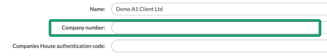 Company number field in the client General info step, highlighted, between Name and Companies House authentication code