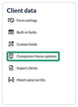 Client data settings card with Companies House updates highlighted