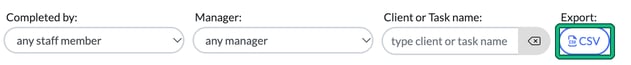 Completed by, Manager and Client or Task name filters with the CSV export button highlighted