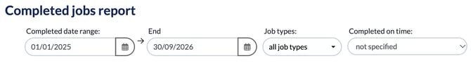 Completed jobs report filters: Completed date range, End, Job types and Completed on time