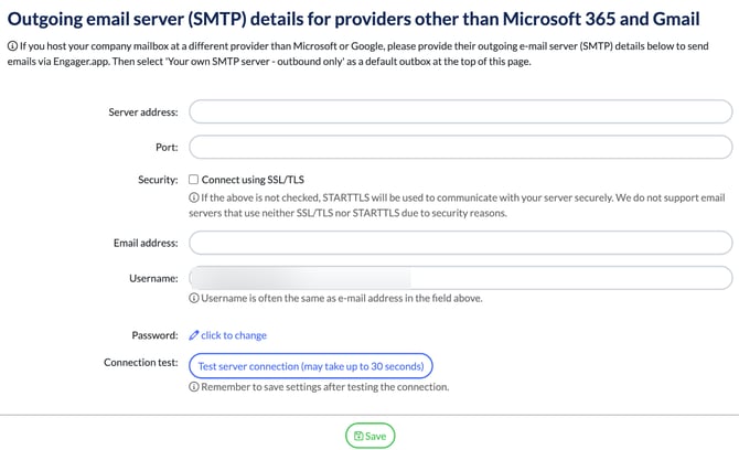 Outgoing email server SMTP details form with the Server address, Port, Security, Email address, Username and Password fields, the Test server connection button and Save