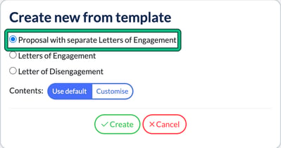 Create new from template window with Proposal with separate Letters of Engagement selected and highlighted