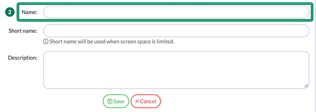 Add department form with Name, Short name and Description fields and Save and Cancel buttons, with the Name field highlighted