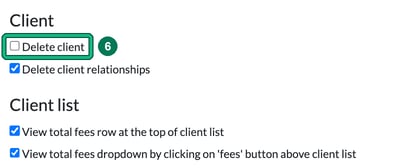 Change permissions list with the Client and Client list sections, with Delete client unticked and highlighted