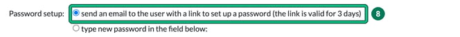 Password setup options in Add new user, with send an email to the user with a link to set up a password (the link is valid for 3 days) selected and highlighted