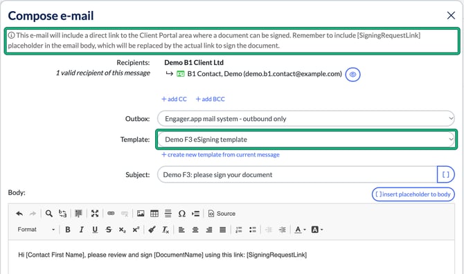 Compose e-mail for a signing request with the note to include the SigningRequestLink placeholder highlighted and the new template selected in the Template list
