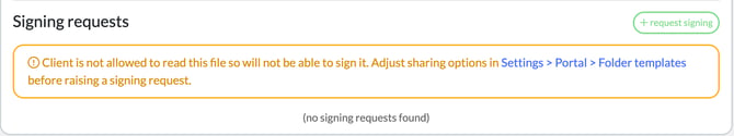 Signing requests section warning that the client is not allowed to read the file, with the request signing button greyed out