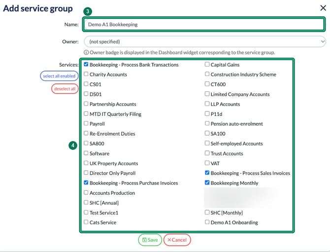 Add service group with the name Demo A1 Bookkeeping and four bookkeeping services ticked, highlighting the name and the services list