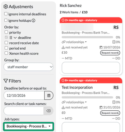 Jobs page opened from the widget, filtered to the Bookkeeping job type, showing two overdue Bookkeeping - Process Bank Transactions jobs